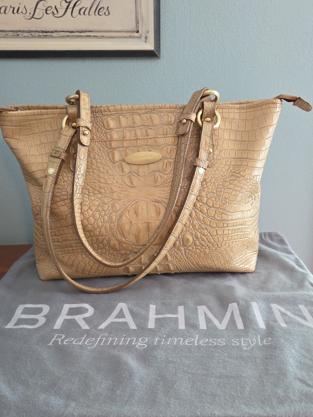 Brahmin Croc-Embossed Leather Tote with Gold Hardware